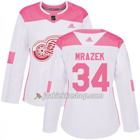 Nainen NHL Detroit Red Wings Pelipaita Petr Mrazek 34 Adidas 2017-2018 Valkoinen Vaaleanpunainen Fashion Authentic